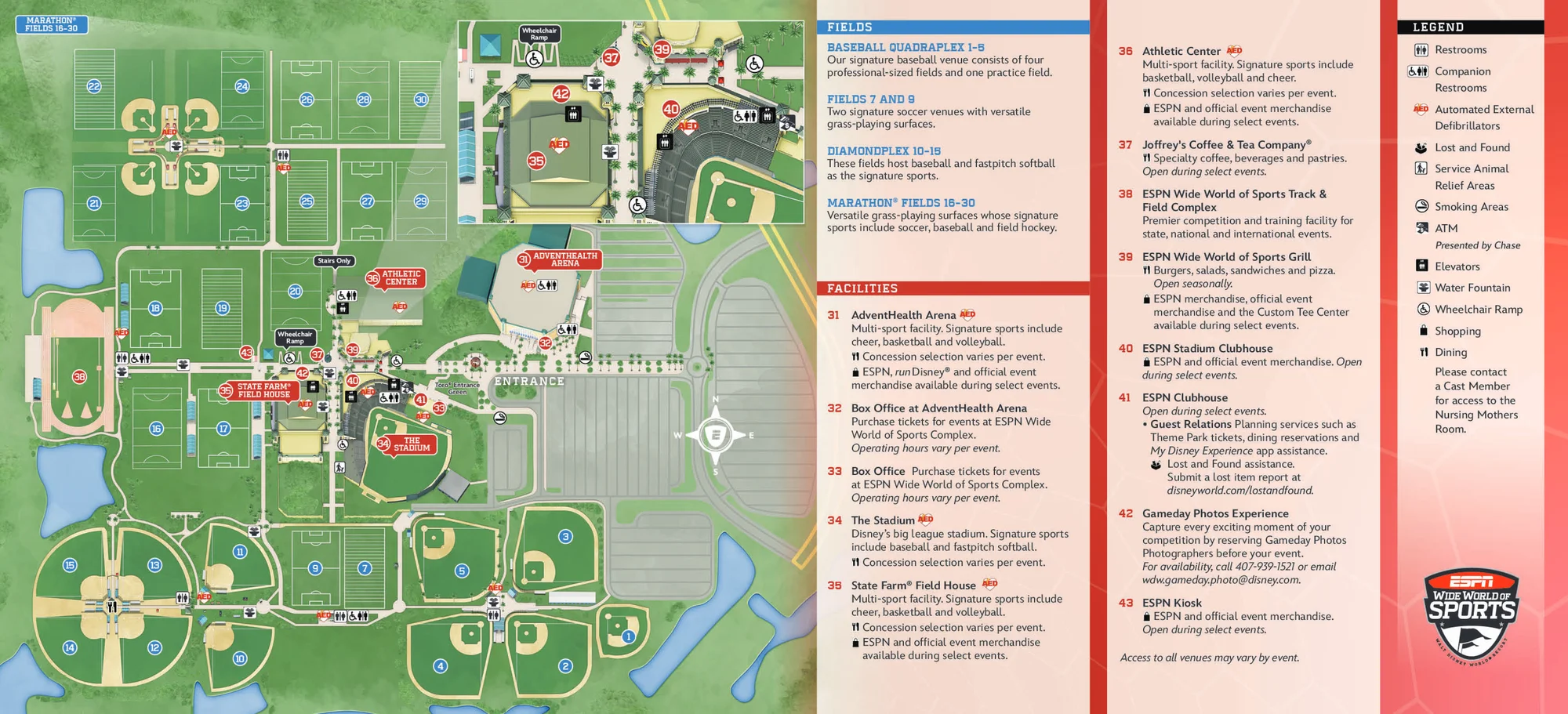 ESPN Wide World of Sports training field map showing the layout of all soccer, baseball, and multi-purpose fields with numbered references and a facility legend.